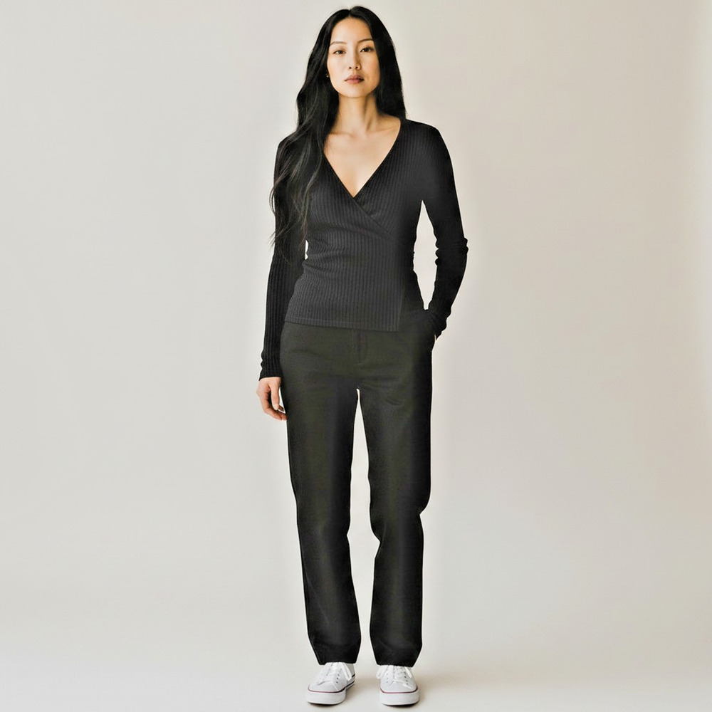 Banana Republic Black Wrap Top XS Ribbed Crossover Long Sleeve Minimalist Chic
